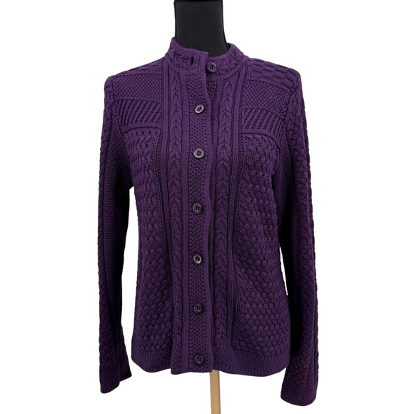L.L. Bean Women's Sweater Cable Knit Purple Button Front Collarless Cotton Med - Picture 2 of 12